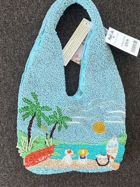 Beach Scene Light Blue Loop-Tufted Beaded Bag